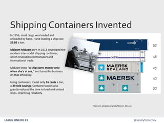 LASUG ONLINE #1 @vasiliyfomichev
Shipping Containers Invented
https://en.wikipedia.org/wiki/Malcom_McLean
In 1956, most cargo was loaded and
unloaded by hand. Hand-loading a ship cost
$5.86 a ton.
Malcom McLean born in 1913 developed the
modern intermodal shipping container,
which revolutionized transport and
international trade.
McLean knew "A ship earns money only
when she's at sea," and based his business
on that efficiency.
Using containers, it cost only 16 cents a ton,
a 39-fold savings. Containerization also
greatly reduced the time to load and unload
ships, improving reliability.
 