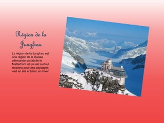 Région de la 
Jungfrau 
La région de la Jungfrau est 
une région de la Suisse 
allemande qui abrite le 
Matterhorn et qui est surtout 
reconnu pour ses paysages 
vert en été et blanc en hiver. 
 