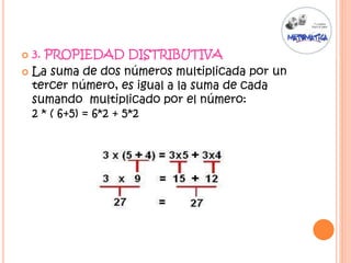  3. PROPIEDAD DISTRIBUTIVA
La suma de dos números multiplicada por un
tercer número, es igual a la suma de cada
sumando multiplicado por el número:
2 * ( 6+5) = 6*2 + 5*2