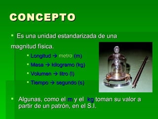 CONCEPTO Es una unidad estandarizada de una magnitud física. Longitud     metro  (m) Masa    kilogramo (kg) Volumen    litro (l) Tiempo    segundo (s) Algunas, como el  m  y el  kg  toman su valor a  partir de un patrón, en el S.I. 