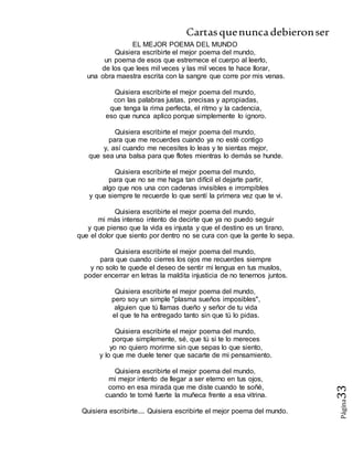 Cartasquenuncadebieronser
Página33
EL MEJOR POEMA DEL MUNDO
Quisiera escribirte el mejor poema del mundo,
un poema de esos que estremece el cuerpo al leerlo,
de los que lees mil veces y las mil veces te hace llorar,
una obra maestra escrita con la sangre que corre por mis venas.
Quisiera escribirte el mejor poema del mundo,
con las palabras justas, precisas y apropiadas,
que tenga la rima perfecta, el ritmo y la cadencia,
eso que nunca aplico porque simplemente lo ignoro.
Quisiera escribirte el mejor poema del mundo,
para que me recuerdes cuando ya no esté contigo
y, así cuando me necesites lo leas y te sientas mejor,
que sea una balsa para que flotes mientras lo demás se hunde.
Quisiera escribirte el mejor poema del mundo,
para que no se me haga tan difícil el dejarte partir,
algo que nos una con cadenas invisibles e irrompibles
y que siempre te recuerde lo que sentí la primera vez que te vi.
Quisiera escribirte el mejor poema del mundo,
mi más intenso intento de decirte que ya no puedo seguir
y que pienso que la vida es injusta y que el destino es un tirano,
que el dolor que siento por dentro no se cura con que la gente lo sepa.
Quisiera escribirte el mejor poema del mundo,
para que cuando cierres los ojos me recuerdes siempre
y no solo te quede el deseo de sentir mi lengua en tus muslos,
poder encerrar en letras la maldita injusticia de no tenernos juntos.
Quisiera escribirte el mejor poema del mundo,
pero soy un simple "plasma sueños imposibles",
alguien que tú llamas dueño y señor de tu vida
el que te ha entregado tanto sin que tú lo pidas.
Quisiera escribirte el mejor poema del mundo,
porque simplemente, sé, que tú si te lo mereces
yo no quiero morirme sin que sepas lo que siento,
y lo que me duele tener que sacarte de mi pensamiento.
Quisiera escribirte el mejor poema del mundo,
mi mejor intento de llegar a ser eterno en tus ojos,
como en esa mirada que me diste cuando te soñé,
cuando te tomé fuerte la muñeca frente a esa vitrina.
Quisiera escribirte.... Quisiera escribirte el mejor poema del mundo.
 