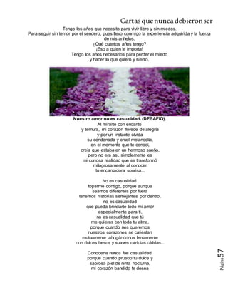 Cartasquenuncadebieronser
Página57
Tengo los años que necesito para vivir libre y sin miedos.
Para seguir sin temor por el sendero, pues llevo conmigo la experiencia adquirida y la fuerza
de mis anhelos.
¿Qué cuantos años tengo?
¡Eso a quien le importa!
Tengo los años necesarios para perder el miedo
y hacer lo que quiero y siento.
Nuestro amor no es casualidad. (DESAFIO).
Al mirarte con encanto
y ternura, mi corazón florece de alegría
y por un instante olvida
su condenada y cruel melancolía,
en el momento que te conocí,
creía que estaba en un hermoso sueño,
pero no era así, simplemente es
mi curiosa realidad que se transformó
milagrosamente al conocer
tu encantadora sonrisa...
No es casualidad
toparme contigo, porque aunque
seamos diferentes por fuera
tenemos historias semejantes por dentro,
no es casualidad
que pueda brindarte todo mi amor
especialmente para ti,
no es casualidad que tú
me quieras con toda tu alma,
porque cuando nos queremos
nuestros corazones se calientan
mutuamente ahogándonos lentamente
con dulces besos y suaves caricias cálidas...
Conocerte nunca fue casualidad
porque cuando pruebo tu dulce y
sabrosa piel de ninfa nocturna,
mi corazón bandido te desea
 