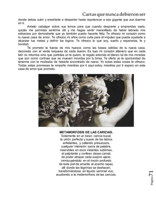 Cartasquenuncadebieronser
Página71
donde debas subir y enseñarte a despertar hasta repotenciar a ese gigante que aun duerme
en ti.
Anhelo cabalgar sobre sus lomos para que cuando despierte y emprendas vuelo,
quizás me permitas sentirme útil y me hagas sentir maravillado de haber labrado mis
esfuerzos por demostrarte que yo también puedo hacerte feliz. Te ofrezco mi corazón como
tu nueva casa de amor. Te ofrezco mi años como cuña para el impulso que pueda ayudarte a
alcanzar tus metas y definir tus logros. Te ofrezco lo que soy, sueño y esperanza, fe y
bondad.
Te prometo la fuerza de mis huesos como las bases sólidas de tu nueva casa,
decorada con el verde turquesa de cada ilusión, Es tuyo mi corazón altanero que en cada
latir no retumba sino que parlotea un te quiero, te regalo además el blanco tul de mis miradas
que son como cortinas que se mueven movidas por tu brisa. Te oferto yo la oportunidad de
tenerme con la modestia de haberte encontrado de nuevo. Yo todas estas cosas te ofrezco.
Todas estas promesas te empeño mientras por ti aquí estoy: mientras por ti espero en esta
casa de amor que prometo.
METAMORFOSIS DE LAS CARICIAS.
Solamente en un beso: caricia bucal,
la unión perfecta y suave de los labios
anhelantes, y callando presurosos,
cualquier intensión sacra de palabra,
inservibles en esos instantes sublimes,
el palpitante y confeso deseo carnal,
de poder atrapar cada suspiro ajeno,
inmiscuyéndolo en el rincón profundo
de toda piel de amante al acecho rapaz,
allí donde las lágrimas se deshacen,
transformándose en líquido seminal vivo,
acudiendo a la metamorfosis de las caricias.
 