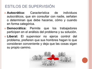ESTILOS DE SUPERVISIÓN
 Autocrática: Característica de individuos
autocráticos, que sin consultar con nadie, señalan
o determinan que debe hacerse, cómo y cuando
en forma categórica.
 Democrática: Permite que los trabajadores
participen en el análisis del problema y su solución.
 Liberal: El supervisor no ejerce control del
problema, prefieren que sus hombres hagan lo que
consideran conveniente y deja que las cosas sigan
su propio camino.
 
