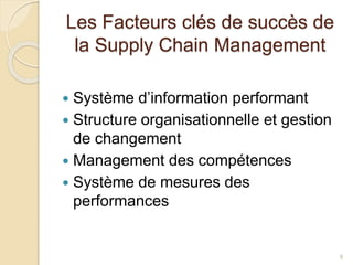 Les Facteurs clés de succès de 
la Supply Chain Management 
 Système d’information performant 
 Structure organisationnelle et gestion 
de changement 
 Management des compétences 
 Système de mesures des 
performances 
9 
 