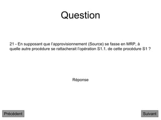 Question
21 - En supposant que l’approvisionnement (Source) se fasse en MRP, à
quelle autre procédure se rattacherait l’opération S1.1. de cette procédure S1 ?
Suivant
Réponse
Précédent
 