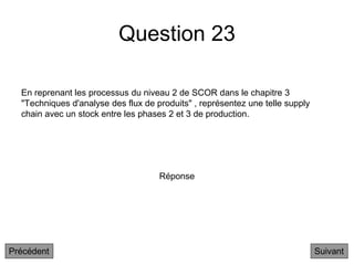 Question 23
En reprenant les processus du niveau 2 de SCOR dans le chapitre 3
"Techniques d'analyse des flux de produits" , représentez une telle supply
chain avec un stock entre les phases 2 et 3 de production.
Suivant
Réponse
Précédent
 