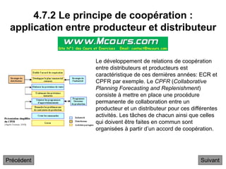 4.7.2 Le principe de coopération :
application entre producteur et distributeur
Suivant
Le développement de relations de coopération
entre distributeurs et producteurs est
caractéristique de ces dernières années: ECR et
CPFR par exemple. Le CPFR (Collaborative
Planning Forecasting and Replenishment)
consiste à mettre en place une procédure
permanente de collaboration entre un
producteur et un distributeur pour ces différentes
activités. Les tâches de chacun ainsi que celles
qui doivent être faites en commun sont
organisées à partir d’un accord de coopération.
Précédent
 