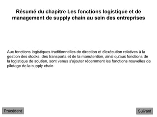 Résumé du chapitre Les fonctions logistique et de
management de supply chain au sein des entreprises
Suivant
Aux fonctions logistiques traditionnelles de direction et d'exécution relatives à la
gestion des stocks, des transports et de la manutention, ainsi qu'aux fonctions de
la logistique de soutien, sont venus s'ajouter récemment les fonctions nouvelles de
pilotage de la supply chain
Précédent
 