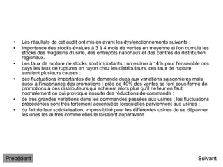• Les résultats de cet audit ont mis en avant les dysfonctionnements suivants :
• Importance des stocks évalués à 3 à 4 mois de ventes en moyenne si l'on cumule les
stocks des magasins d'usine, des entrepôts nationaux et des centres de distribution
régionaux.
• Les taux de rupture de stocks sont importants : on estime à 14% pour l'ensemble des
pays les taux de ruptures en rayon chez les distributeurs. ces taux de rupture
auraient plusieurs causes :
• des fluctuations importantes de la demande dues aux variations saisonnières mais
aussi à l'importance des promotions : près de 40% des ventes se font sous forme de
promotions à des distributeurs qui achètent alors plus qu'il ne leur en faut
normalement ce qui provoque ensuite des réductions de commande ;
• de très grandes variations dans les commandes passées aux usines ; les fluctuations
précédentes sont très fortement accentuées lorsqu'elles parviennent aux usines ;
• du fait de leur spécialisation, impossibilité pour les différentes usines de se dépanner
les unes les autres comme elles le faisaient auparavant.
Suivant
Précédent
 