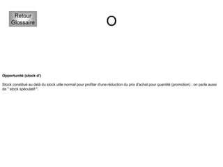 O
Retour
Glossaire
Opportunité (stock d')
Stock constitué au delà du stock utile normal pour profiter d'une réduction du prix d'achat pour quantité (promotion) ; on parle aussi
de " stock spéculatif ".
 