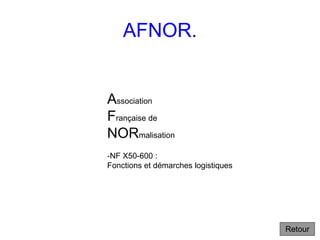 AFNOR.
Association
Française de
NORmalisation
-NF X50-600 :
Fonctions et démarches logistiques
Retour
 