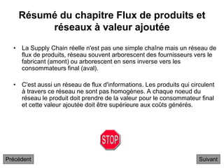 Résumé du chapitre Flux de produits et
réseaux à valeur ajoutée
• La Supply Chain réelle n'est pas une simple chaîne mais un réseau de
flux de produits, réseau souvent arborescent des fournisseurs vers le
fabricant (amont) ou arborescent en sens inverse vers les
consommateurs final (aval).
• C'est aussi un réseau de flux d'informations. Les produits qui circulent
à travers ce réseau ne sont pas homogènes. A chaque noeud du
réseau le produit doit prendre de la valeur pour le consommateur final
et cette valeur ajoutée doit être supérieure aux coûts générés.
Suivant
Précédent
 
