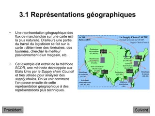 3.1 Représentations géographiques
• Une représentation géographique des
flux de marchandise sur une carte est
la plus naturelle. D’ailleurs une partie
du travail du logisticien se fait sur la
carte : déterminer des itinéraires, des
tournées, chercher le meilleur
positionnement d’un magasin, etc.
• Cet exemple est extrait de la méthode
SCOR, une méthode développée aux
Etats Unis par le Supply chain Council
et très utilisée pour analyser des
supply chains. On va voir comment
l’on passe ensuite de cette
représentation géographique à des
représentations plus techniques.
Suivant
Précédent
 