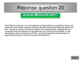 Réponse question 20
Entre Deliver et Source, il y a normalement le responsable de la procédure Source qui
passe des commandes mais bien d’autres éléments peuvent permettre de réguler ces
flux : clauses du contrat d’achat avec délais, envoi de prévisions, coopérations plus
soutenues entre fournisseurs et manufacturiers, etc. Entre Source et Make, on est
normalement dans le domaine du M.R.P. qui permet justement de déclencher les
approvisionnements en fonction des plans de production.
Retour
 