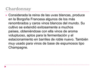 Chardonnay
   Considerada la reina de las uvas blancas, produce
    en la Borgoña Francesa algunos de los más
    renombrados y caros vinos blancos del mundo. Su
    cultivo se extendió exitosamente a muchos
    países, obteniéndose con ella vinos de aroma
    voluptuoso, aptos para la fermentación y el
    estacionamiento en barriles de roble nuevo. También
    muy usado para vinos de base de espumosos tipo
    Champagne.
 