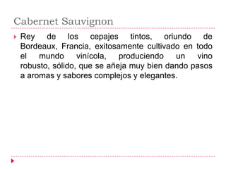 Cabernet Sauvignon
   Rey de los cepajes tintos, oriundo de
    Bordeaux, Francia, exitosamente cultivado en todo
    el   mundo      vinícola,  produciendo   un   vino
    robusto, sólido, que se añeja muy bien dando pasos
    a aromas y sabores complejos y elegantes.
 