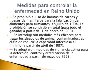    —Se prohibió el uso de harinas de carnes y
    huesos de mamíferos para la fabricación de
    alimentos para rumiantes en julio de 1994. La
    prohibición se convirtió en total (para todo el
    ganado) a partir del 1 de enero del 2001.
   — Se introdujeron medidas más eficaces para
    tratar los despojos de animal contaminados, con
    el fin de reducir la capacidad infecciosa al
    mínimo (a partir de abril de 1997).
   — Se adoptaron medidas de vigilancia activa para
    la detección, control y erradicación de la
    enfermedad a partir de mayo de 1998.
 