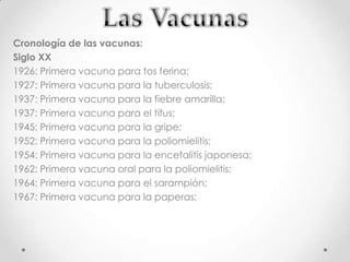 Cronología de las vacunas:
Siglo XX
1926: Primera vacuna para tos ferina;
1927: Primera vacuna para la tuberculosis;
1937: Primera vacuna para la fiebre amarilla;
1937: Primera vacuna para el tifus;
1945: Primera vacuna para la gripe;
1952: Primera vacuna para la poliomielitis;
1954: Primera vacuna para la encefalitis japonesa;
1962: Primera vacuna oral para la poliomielitis;
1964: Primera vacuna para el sarampión;
1967: Primera vacuna para la paperas;
 