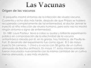 Origen de las vacunas

 El pequeño mostró síntomas de la infección de viruela vacuna.
Cuarenta y ocho días más tarde, después de que Phipps se hubiera
recuperado completamente de tal enfermedad, el doctor Jenner le
inyectó al niño infección de viruela humana, pero esta vez no mostró
ningún síntoma o signo de enfermedad.
  En 1881 Louis Pasteur lleva a cabo su audaz y brillante experimento
público en comprobación de la efectividad de la vacuna
antiantráxica ideada por él, en la granja, hoy histórica, de Pouilly-le-
Fort. El desarrollo del experimento fue como sigue: El 5 de mayo
inyecta 24 carneros, 1 chivo y 6 vacas con 58 gotas de un cultivo
atenuado de Bacillus anthracis. En mayo 17, estos mismos animales
fueron inoculados nuevamente con la misma cantidad de un cultivo
menos atenuado, o sea más virulento.
 