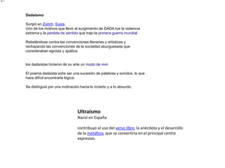 Dadaísmo

Surgió en Zúrich, Suiza,
Uno de los motivos que llevó al surgimiento de DADA fue la violencia
extrema y la perdida de sentido que trajo la primera guerra mundial.

Rebelándose contra las convenciones literarias y artísticas y
rechazando las convenciones de la sociedad aburguesada que
consideraban egoísta y apática


los dadaístas hicieron de su arte un modo de vivir.

El poema dadaísta solía ser una sucesión de palabras y sonidos, lo que
hace difícil encontrarle lógica.

Se distinguió por una inclinación hacia lo incierto y a lo absurdo.




                                Ultraísmo
                                Nació en España

                                contribuyo al uso del verso libre, la anécdota y el desarrollo
                                de la metáfora, que se convertiría en el principal centro
                                expresivo.
 