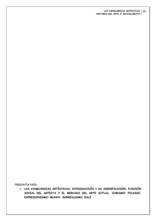 LAS VANGUARDIAS ARTÍSTICAS     10
                                               HISTORIA DEL ARTE 2º BACHILLERATO




PREGUNTA PAEG:
     LAS VANGUARDIAS ARTÍSTICAS: INTRODUCCIÓN Y SU SIGNIFICACIÓN, FUNCIÓN
     SOCIAL DEL ARTISTA Y EL MERCADO DEL ARTE ACTUAL. CUBISMO: PICASSO.
     EXPRESIONISMO: MUNCH. SURREALISMO: DALÍ
 