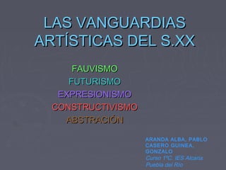 LAS VANGUARDIASLAS VANGUARDIAS
ARTÍSTICAS DEL S.XXARTÍSTICAS DEL S.XX
FAUVISMOFAUVISMO
FUTURISMOFUTURISMO
EXPRESIONISMOEXPRESIONISMO
CONSTRUCTIVISMOCONSTRUCTIVISMO
ABSTRACIÓNABSTRACIÓN
ARANDA ALBA, PABLO
CASERO GUINEA,
GONZALO
Curso 1ºC. IES Alcaria.
Puebla del Río
 