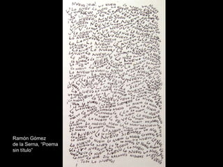Fragmentos del Manifiesto Futurista (1909):“NOSOTROS QUEREMOS CANTAR EL AMOR AL PELIGRO, EL HÁBITO DE LA ENERGÍA Y DE LA TEMERIDAD. EL VALOR, LA AUDACIA, LA REBELIÓN, SERÁN LOS ELEMENTOS ESENCIALESDE NUESTRA POESÍA.NOSOTROS QUEREMOS EXALTAR EL MOVIMIENTO AGRESIVO, EL INSOMNIO FEBRIL, EL PASO LIGERO, EL SALTO MORTAL, LA BOFETADA Y EL PUÑETAZO.AFIRMAMOS QUE EL MUNDO SE HA ENRIQUECIDO CON UNA BELLEZA NUEVA: LA BELLEZA DE LA VELOCIDAD. UN AUTOMÓVIL DE CARRERAS CON SU CAPÓ ADORNADO DE GRUESOS TUBOSSEMEJANTES A SERPIENTES DE ALIENTO EXPLOSIVO…, UN AUTOMÓVIL RUGIENTE QUE PARECE CORRER SOBRE LA METRALLA, ES MÁS BELLO QUE LA VICTORIA DE SAMOTRACIA”.DESDE ITALIA LANZAMOS AL MUNDO ESTE MANIFIESTO NUESTRO DE VIOLENCIA ARROLLADORAE INCENDIARIA, CON EL QUE FUNDAMOS HOY EL FUTURISMO, PORQUE QUEREMOS LIBERAR A ESTEPAÍS DE SU FÉTIDA GANGRENA DE PROFESORES, DE ARQUEÓLOGOS, DE CICERONES Y DE ANTICUARIOS.