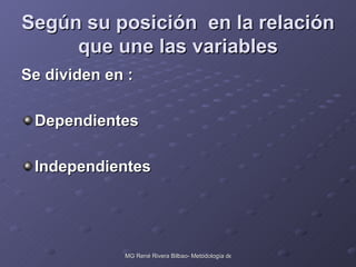 Según su posición  en la relación que une las variables Se dividen en : Dependientes Independientes 