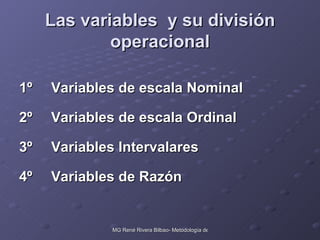 Las variables  y su división operacional 1º Variables de escala Nominal 2º Variables de escala Ordinal 3º Variables Intervalares 4º Variables de Razón 
