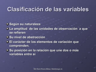 Clasificación de las variables Según su naturaleza La amplitud  de las unidades de observación  a que se refieren Su nivel de abstracción El carácter de los elementos de variación que comprenden. Su posición en la relación que une dos o más variables entre sí 