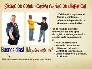• Existen dos registros: el
formal y el informal.
• Que va a depender de la
situación comunicativa.
Si la relación es asimétrica, la norma será formal.
• En la relación entre los
individuos, los dos tipos
de registros de lengua usados
afectan en la comunicación
a:
· Nivel de formalidad.
· Modo de presentación.
· Utilización del léxico.
· Control de la proxémica.
· Lenguaje postural y gestual,
lo kinésico.
 