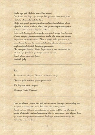 Soube hoje, pelo Roberto, que a Bitu morreu.
Que choque, que baque, que tristeza. Sei que vocês estão muito tristes
e de luto, estou muito triste também.
Ela foi uma grande pessoa, prestativa, confiável, trabalhadora, adorou
a família, a adorou a cultura alemã. Sim, foi uma importante agente e
mediadora entre as nossas línguas e culturas.
Estou muito triste, pois ela sempre foi uma grande amiga durante quase
42 anos, imagine, foi uma constante na minha vida, ainda que houvesse
longos anos sem muito contato. Mas eu sempre sabia que quando a
reencontrasse ela seria da mesma cordialidade profunda; foi uma amizade
simplesmente indestrutível, duradoura, permanente.
Me sinto perto de vocês. Desejo força a vocês, e uma continuação dos
estreitos laços familiares que sempre admirei em vocês.
Grande abraço para vocês todos,
Berthold Zilly


Laís
Foi uma honra, alegria e felicidade ter sido sua amiga.
Obrigada pelos momentos que me proporcionou
Um beijo com amor e respeito
Da amiga Kátia Primavera



Como nos últimos 15 anos devo tê-la visto só dois ou três vezes, muitos talvez não
imaginem o quanto sentia dona Laís como uma pessoa próxima.
Pensei em ir ao velório, à cremação, dar um abraço no filho e na filha que vi
quando adolescentes - extraordinariamente belos - e nunca mais... mas algo me disse
que estaria mais próximo reavivando a lembrança do nosso encontro que me
deslocando no espaço físico.

                                        29
 