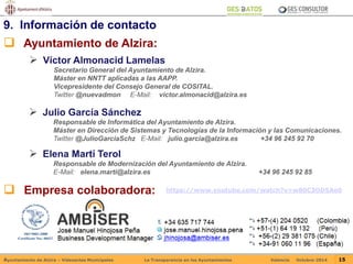9. Información de contacto 
 Ayuntamiento de Alzira: 
 Víctor Almonacid Lamelas 
Secretario General del Ayuntamiento de Alzira. 
Máster en NNTT aplicadas a las AAPP. 
Vicepresidente del Consejo General de COSITAL. 
Twitter @nuevadmon E-Mail: victor.almonacid@alzira.es 
 Julio García Sánchez 
Responsable de Informática del Ayuntamiento de Alzira. 
Máster en Dirección de Sistemas y Tecnologías de la Información y las Comunicaciones. 
Twitter @JulioGarciaSchz E-Mail: julio.garcia@alzira.es +34 96 245 92 70 
 Elena Martí Terol 
Responsable de Modernización del Ayuntamiento de Alzira. 
E-Mail: elena.marti@alzira.es +34 96 245 92 85 
 Empresa colaboradora: 
https://www.youtube.com/watch?v=w80C3OD5Ae0 
Ayuntamiento de Alzira – Vídeoactas Municipales La Transparencia en los Ayuntamientos Valencia Octubre-2014 15 
 
