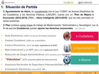 1. Situación de Partida 
El Ayuntamiento de Alzira, en cumplimiento con la Ley 11/2007, de Acceso Electrónico de 
los Ciudadanos a los Servicios Públicos (LAECSP), cuenta con un “Plan de Mejora e 
Innovación (2012-2015) (PMI) – Alzira Inteligente (2014-2019)” que ha sido premiado en 
varias ocasiones. 
El Plan contiene varias líneas de trabajo de Modernización “Administrativa y Tecnológica” con el 
fin de que los Ciudadanos puedan ejercer los derechos reconocidos (Art.6 LAECSP). 
 Sede Electrónica: (2009, con más de 160 trámites publicados) 
 Carpeta Ciudadana: (2009, con su BackOffice) 
 Factura Electrónica: (2010, 1er. Ayto. registrado en la AEAT) 
 Web Institucional y un APP (2004 y 2013, Aplicación móvil) 
 Reducción de Cargas Administrativas (2011, pioneros con el “AgenteSC”) 
 “VídeoActas” (2012, proyecto objeto de esta ponencia) 
 Esquemas Nacionales de Seguridad e Interoperabilidad (2013) 
 Contratación Electrónica (Junio-2014) etc… 
Ayuntamiento de Alzira – Vídeoactas Municipales La Transparencia en los Ayuntamientos Valencia Octubre-2014 3 
 