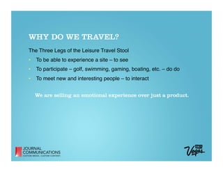 WHY DO WE TRAVEL?
The Three Legs of the Leisure Travel Stool
•  To be able to experience a site – to see  
•  To participate – golf, swimming, gaming, boating, etc. – do do  
•  To meet new and interesting people – to interact


  We are selling an emotional experience over just a product.
 