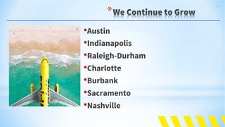 103
*
•Austin
•Indianapolis
•Raleigh-Durham
•Charlotte
•Burbank
•Sacramento
•Nashville
 