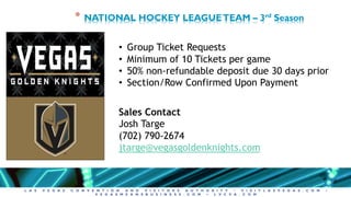 L A S V E G A S C O N V E N T I O N A N D V I S I T O R S A U T H O R I T Y • V I S I T L A S V E G A S . C O M •
V E G A S M E A N S B U S I N E S S . C O M • L V C V A . C O M
* NATIONAL HOCKEY LEAGUETEAM – 3rd Season
• Group Ticket Requests
• Minimum of 10 Tickets per game
• 50% non-refundable deposit due 30 days prior
• Section/Row Confirmed Upon Payment
Sales Contact
Josh Targe
(702) 790-2674
jtarge@vegasgoldenknights.com
 