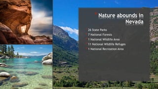 *Nature abounds in
Nevada
* 26 State Parks
* 7 National Forests
* 1 National Wildlife Area
* 11 National Wildlife Refuges
* 1 National Recreation Area
 