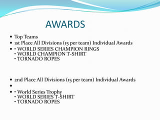 AWARDS
 Top Teams
 1st Place All Divisions (15 per team) Individual Awards
 • WORLD SERIES CHAMPION RINGS

• WORLD CHAMPION T-SHIRT
• TORNADO ROPES

 2nd Place All Divisions (15 per team) Individual Awards

 • World Series Trophy

• WORLD SERIES T-SHIRT
• TORNADO ROPES

 