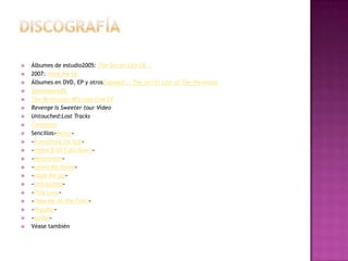 




















Álbumes de estudio2005: The Secret Life Of...
2007: Hook Me Up
Álbumes en DVD, EP y otrosExposed... The Secret Life of The Veronicas
Sessions@AOL
The Veronicas: Mtv.com Live EP
Revenge Is Sweeter tour Video
Untouched:Lost Tracks
Complete
Sencillos«4ever»
«Everything I'm Not»
«When It All Falls Apart»
«Revolution»
«Leave Me Alone»
«Hook Me Up»
«Untouched»
«This Love»
«Take Me on the Floor»
«Popular»
«Lolita»
Véase también

 