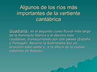 Algunos de los ríos más importantes de la vertiente cantábrica Guadiana:   es el segundo curso fluvial más largo de la Península Ibérica y el décimo más caudaloso, transcurriendo por dos países (España y Portugal). Recorre la Submeseta Sur en dirección este-oeste y, a la altura de la ciudad española de Badajoz.  