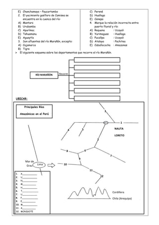 E) Chanchamayo – Paucartambo
2. El yacimiento gasífero de Camisea se
encuentra en la cuenca del río:
A) Mantaro
B) Urubamba
C) Apurímac
D) Tahuamanu
E) Aguaytía
3. Son afluentes del río Marañón, excepto:
A) Cajamarca
B) Tigre
C) Perené
D) Huallaga
E) Cenepa
4. Marque la relación incorrecta entre
puerto fluvial y río:
A) Requena : Ucayali
B) Yurimaguas : Huallaga
C) Pucallpa : Ucayali
D) Atalaya : Pachitea
E) Caballococha : Amazonas
 El siguiente esquema sobre los departamentos que recorre el río Marañón.
UBICAR:
RÍO MARAÑÓN Recorre
Principales Ríos
Amazónicos en el Perú
3
1
4 5
2
8 6
7
9
10
11
12
1. A___________
2. U___________
3. N___________
4. M__________
5. H___________
6. T____________
7. U___________
8. P____________
9. E__________
10. M___________
11. A__________
12. MONIGOTE
Cordillera
Chila (Arequipa)
Lima
Mar de
Grau
NAUTA
LORETO
 