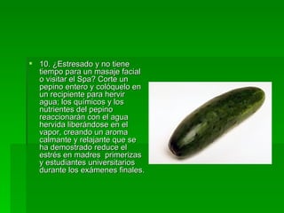 10. ¿Estresado y no tiene tiempo para un masaje facial o visitar el Spa? Corte un pepino entero y colóquelo en un recipiente para hervir agua; los químicos y los nutrientes del pepino reaccionarán con el agua hervida liberándose en el vapor, creando un aroma calmante y relajante que se ha demostrado reduce el estrés en madres  primerizas y estudiantes universitarios durante los exámenes finales.  