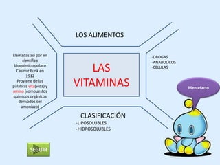 LOS ALIMENTOS

Llamadas así por en                      -DROGAS
      científico                         -ANABOLICOS
 bioquímico polaco
  Casimir Funk en
        1912
                            LAS          -CELULAS


   Proviene de las
palabras vita(vida) y   VITAMINAS                      Mentefacto
amina (compuestos
químicos orgánicos
    derivados del
     amoniaco)

                         CLASIFICACIÓN
                        -LIPOSOLUBLES
                        -HIDROSOLUBLES



          SEGUIR
 