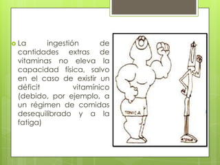  La

ingestión
de
cantidades extras de
vitaminas no eleva la
capacidad física, salvo
en el caso de existir un
déficit
vitamínico
(debido, por ejemplo, a
un régimen de comidas
desequilibrado y a la
fatiga)

 