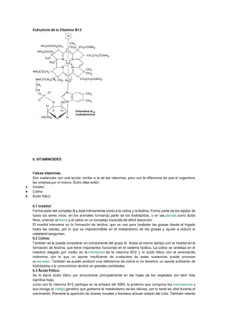 Estructura de la Vitamina B12:

6. VITAMINOIDES

Falsas vitaminas.
Son sustancias con una acción similar a la de las vitaminas, pero con la diferencia de que el organismo
las sintetiza por sí mismo. Entre ellas están:
Inositol,
Colina
Ácido fólico
6.1 Inositol:
Forma parte del complejo B y está íntimamente unido a la colina y la biotina. Forma parte de los tejidos de
todos los seres vivos: en los animales formando parte de los fosfolípidos, y en las plantas como ácido
fítico, uniendo al hierro y al calcio en un complejo insoluble de difícil absorción.
El inositol interviene en la formación de lecitina, que se usa para trasladar las grasas desde el hígado
hasta las células, por lo que es imprescindible en el metabolismo de las grasas y ayuda a reducir el
colesterol sanguíneo.
6.2 Colina:
También se le puede considerar un componente del grupo B. Actúa al mismo tiempo con el inositol en la
formación de lecitina, que tiene importantes funciones en el sistema lipídico. La colina se sintetiza en el
intestino delgado por medio de la interacción de la vitamina B12 y el ácido fólico con el aminoácido
metionina, por lo que un aporte insuficiente de cualquiera de estas sustancias puede provocar
su escasez. También se puede producir una deficiencia de colina si no tenemos un aporte suficiente de
fosfolípidos o si consumimos alcohol en grandes cantidades.
6.3 Ácido Fólico:
Se le llama ácido fólico por encontrarse principalmente en las hojas de los vegetales (en latín folia
significa hoja).
Junto con la vitamina B12 participa en la síntesis del ADN, la proteína que compone los cromosomas y
que recoge el código genético que gobierna el metabolismo de las células, por lo tanto es vital durante el
crecimiento. Previene la aparición de úlceras bucales y favorece el buen estado del cutis. También retarda

 