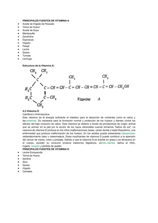 PRINCIPALES FUENTES DE VITAMINA A
Aceite de Hígado de Pescado
Yema de Huevo
Aceite de Soya
Mantequilla
Zanahoria
Espinacas
Hígado
Perejil
Leche
Queso
Tomate
Lechuga
Estructura de la Vitamina A:

4.2 Vitamina D
Calciferol o Antirraquítica.
Esta vitamina da la energía suficiente al intestino para la absorción de nutrientes como el calcio y
las proteínas. Es necesaria para la formación normal y protección de los huesos y dientes contra los
efectos del bajo consumo de calcio. Esta vitamina se obtiene a través de provitaminas de origen animal
que se activan en la piel por la acción de los rayos ultravioleta cuando tomamos "baños de sol". La
carencia de vitamina D produce en los niños malformaciones óseas, caries dental y hasta Raquitismo, una
enfermedad que produce malformación de los huesos. En los adultos puede presentarse osteoporosis,
reblandecimiento óseo u osteomalacia. Dosis insuficientes de vitamina D puede contribuir a la aparición
del cáncer de mama, colon y próstata. Debido a que la vitamina D es soluble en grasa y se almacena en
el cuerpo, exceder su consumo produce trastornos digestivos, vómito, diarrea, daños al riñón,
hígado, corazón y pérdida de apetito.
PRINCIPALES FUENTES DE VITAMINA D
Leche Enriquecida
Yema de Huevo
Sardina
Atún
Queso
Hígado
Cereales

 