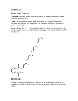 VITAMINA “K”

Nombre oficial.- Filoquinona.

Funciones.- Necesaria para producir la coagulación de la sangre. Se requiere para la
producción de protrombina.

Fuente.- Se produce internamente por la acción de la flora intestinal. Se encuentra
además en los vegetales con hojas verdes (col, espinacas, brócoli etc.) hígado de res y
cerdo y yema de huevo.

Requerimiento.- Entre 70 y 140 microgramos diarios. La dieta normal proporciona 400
microgramos por lo que no se requiere suplemento alguno. Una taza de brócoli, tiene 175
microgramos.




CONCLUSION:

El abuso en el consumo de vitaminas y el peligro de su administración cuando no hay
necesidad de ellas, previniendo al mismo tiempo sobre su uso constante sin prescripción
médica.
 