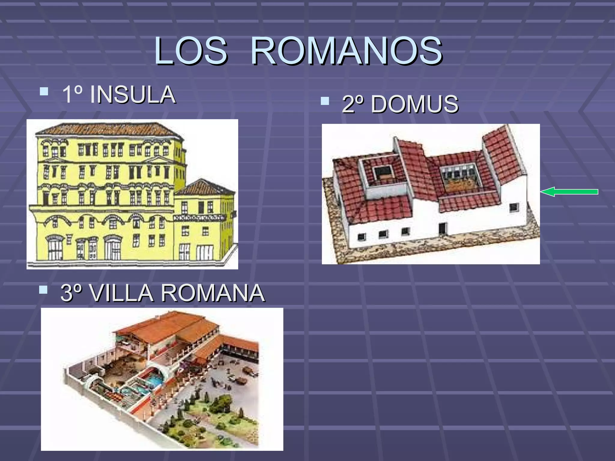 LOS ROMANOSLOS ROMANOS
 1º INSULANSULA  2º DOMUS2º DOMUS
 3º VILLA ROMANA3º VILLA ROMANA
 